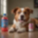 A happy dog sitting next to a bottle of Benadryl