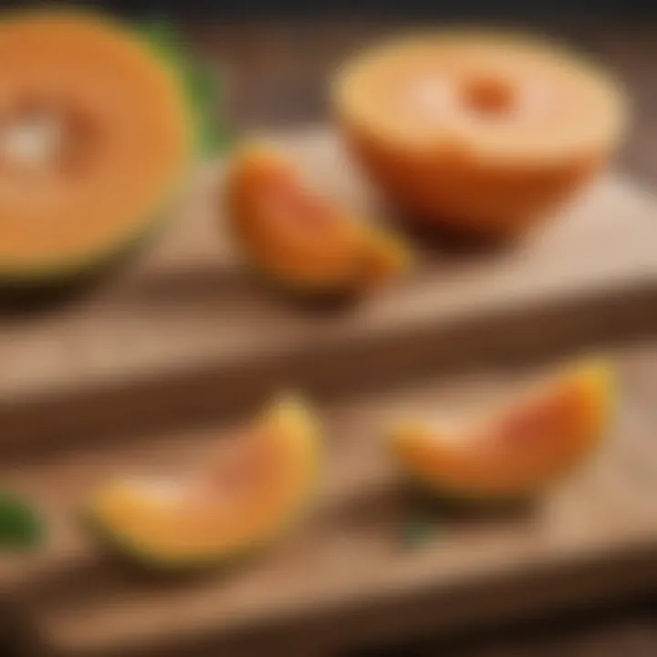 A close-up of cantaloupe pieces on a wooden cutting board.