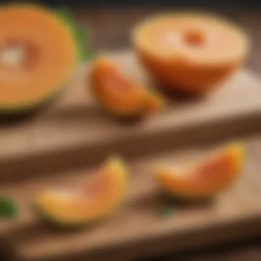 Fresh Cantaloupe Pieces Ready for Dogs A close-up of cantaloupe pieces on a wooden cutting board.
