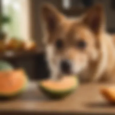 Dog's Curiosity About Cantaloupe A dog looking curiously at a cantaloupe fruit on a table.