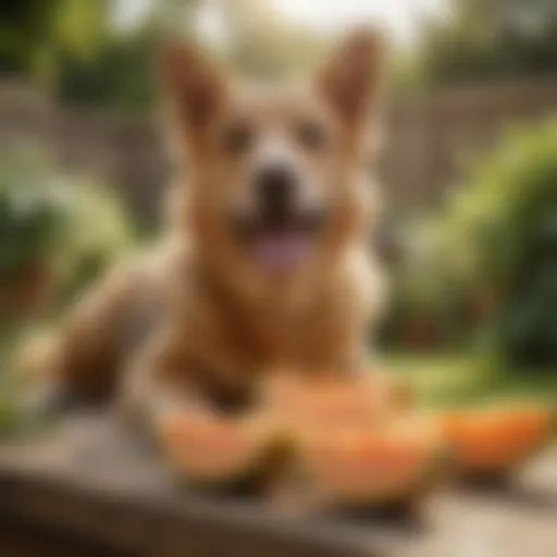 A happy dog enjoying a slice of cantaloupe in a sunny garden.