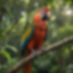 A vibrant macaw perched on a branch surrounded by lush greenery
