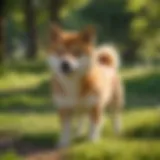 A playful Shiba Inu in a green park, showcasing its vibrant personality