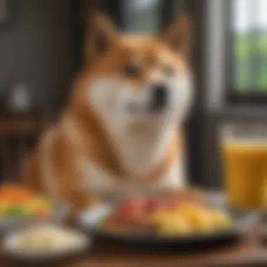 Healthy Shiba Inu enjoying a balanced meal, representing dietary requirements