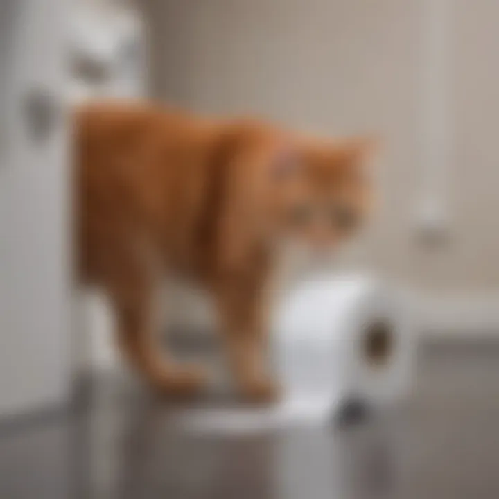 A playful cat inspecting a cat-proof toilet paper dispenser