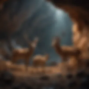 Intricate Animal Figures in Cave Art A detailed depiction of ancient cave art showcasing intricate animal figures