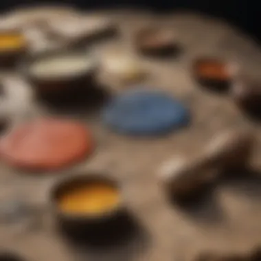 An artist's palette used by prehistoric painters, featuring natural pigments