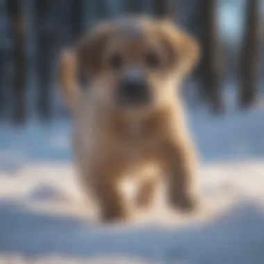 Chinook puppy playing in a snowy landscape