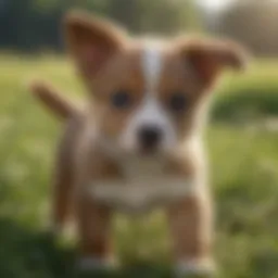A playful male puppy exploring a grassy field.