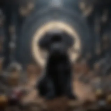 An illustration of a black puppy surrounded by symbols of mythology and pop culture.