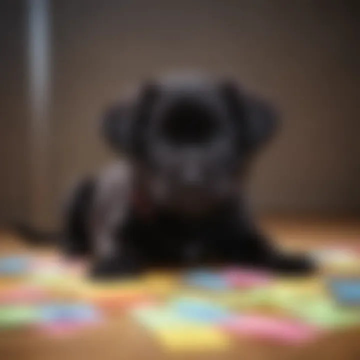 A montage of various black puppy name options written on colorful sticky notes.