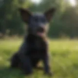 A playful black puppy with a shiny coat sitting in a grassy field.