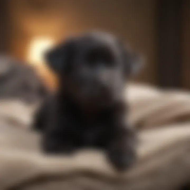 A serene black puppy resting comfortably on a cozy blanket.