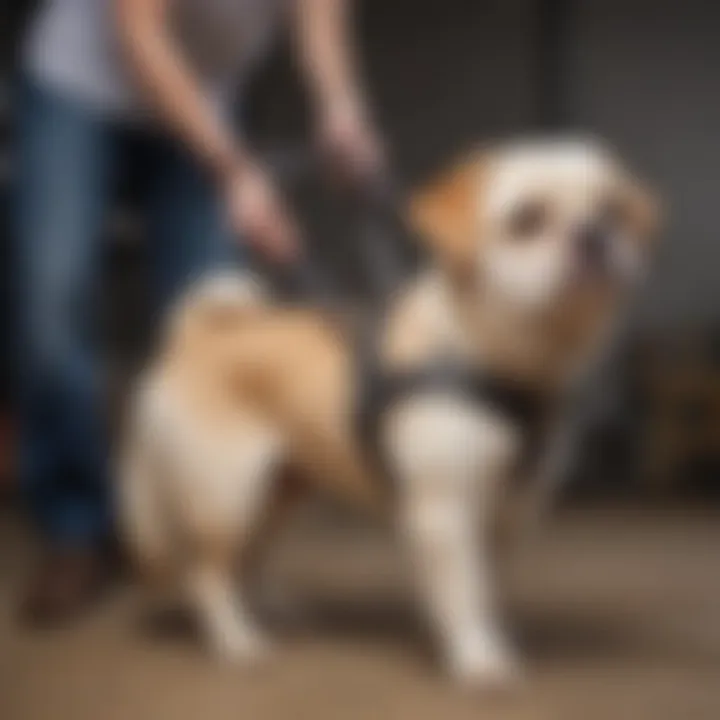 A dog owner properly fitting a harness on their short-haired dog, demonstrating technique