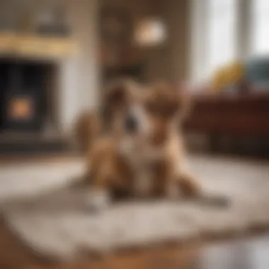 A dog lounging comfortably on a soft rug in a well-decorated room