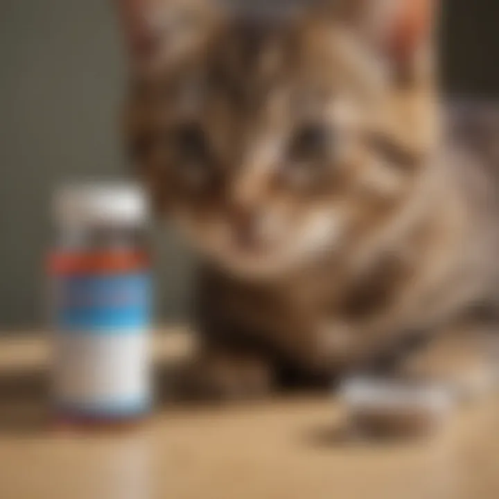 A close-up of a deworming medication bottle next to a kitten's bowl.