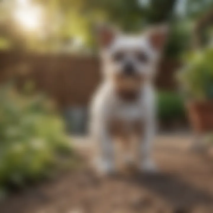 An active, smaller dog breed playing happily in a secure backyard with a senior