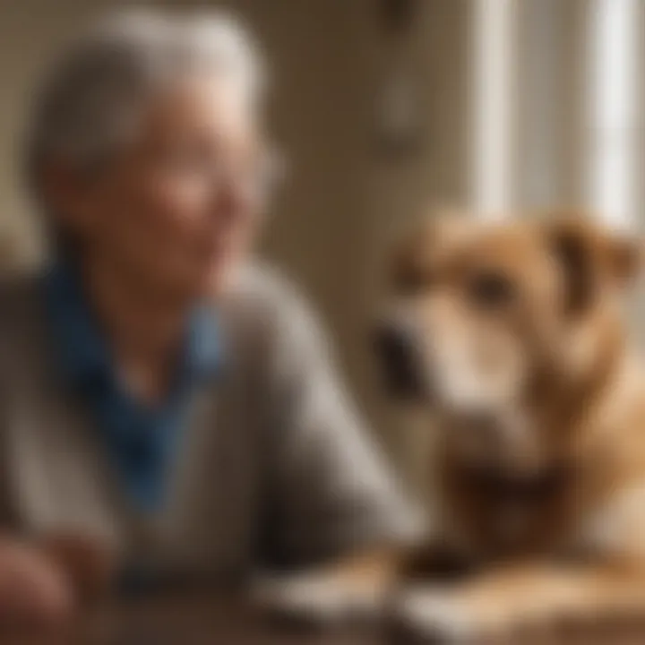 A gentle dog breed known for its calm demeanor, resting beside a senior citizen