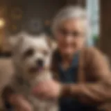 A serene elderly person enjoying time with a small dog in a cozy living room