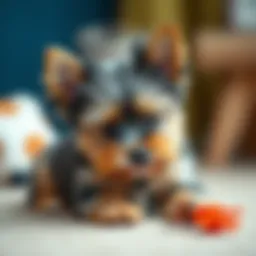 Adorable Yorkie puppy playing with a toy