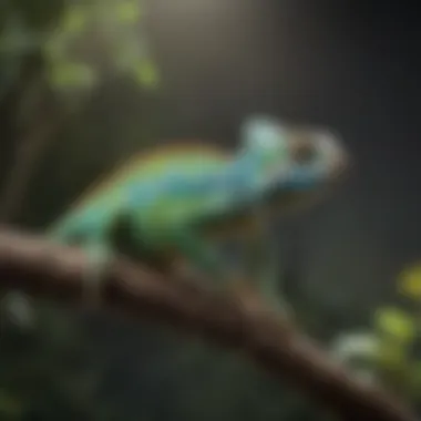 A chameleon perched on a branch in its glass enclosure, highlighting the importance of safety features.