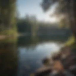Scenic view of a serene lake surrounded by pine trees in Michigan