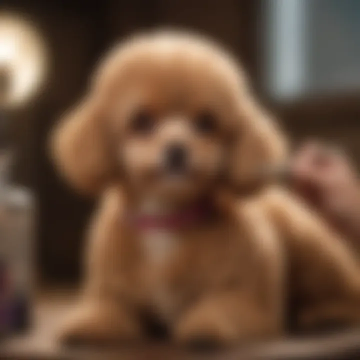 Groomer carefully brushing the fur of a Toy Poodle