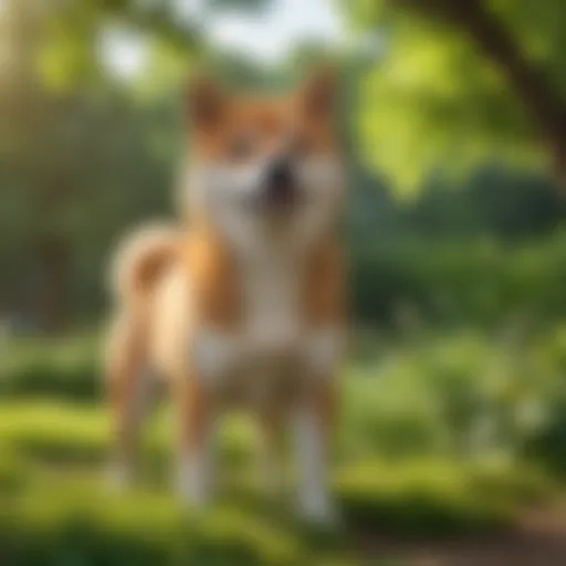 A Shiba Inu standing proudly in a lush green park