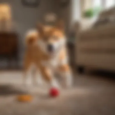 Shiba Inu at Play A Shiba Inu happily playing with a toy in a living room