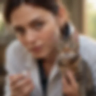 Cat owner administering flea tablet to cat