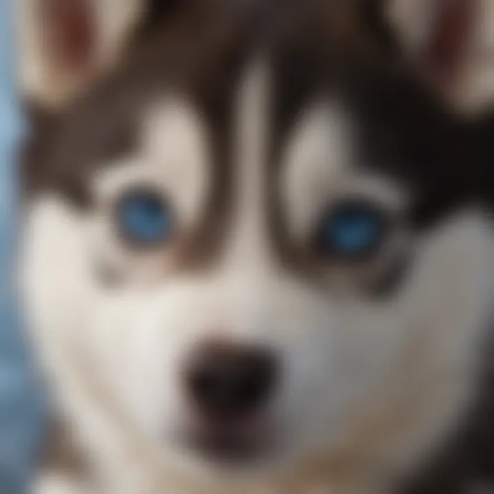 Close-up of a husky female puppy showcasing its beautiful fur and striking blue eyes