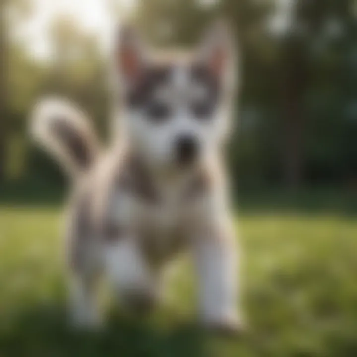 A playful husky female puppy frolicking in a grassy field