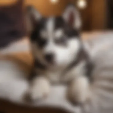 Husky female puppy resting comfortably in a cozy bed