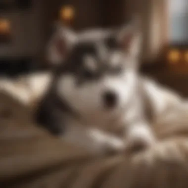 Husky puppy resting comfortably in a cozy bed