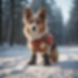 A dog wearing stylish winter shoes on a snowy path.