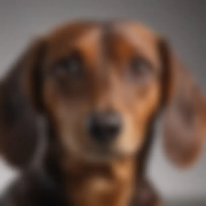 A close-up of a brown dachshund's expressive eyes and distinct coat