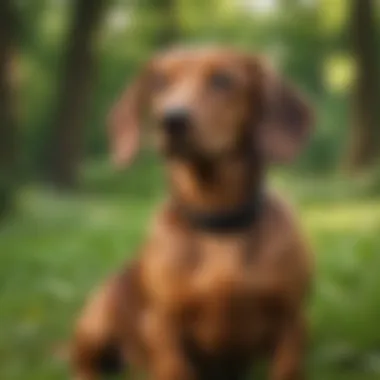 A brown dachshund sitting gracefully in a lush green park