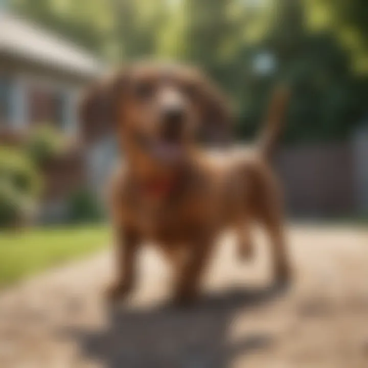 A brown dachshund playing fetch in a sunny backyard