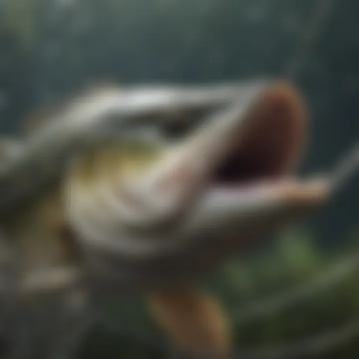 Detailed view of a bass fish caught in a net