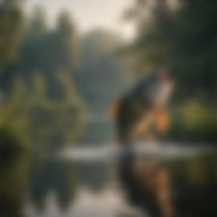 A serene lake at dawn with bass jumping out of the water