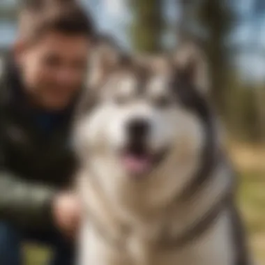 Alaskan Malamute and Owner in Play An Alaskan Malamute engaging in playful activity with its owner