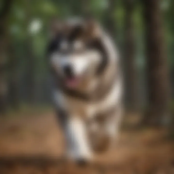 Alaskan Malamute displaying its strength and agility in a training session