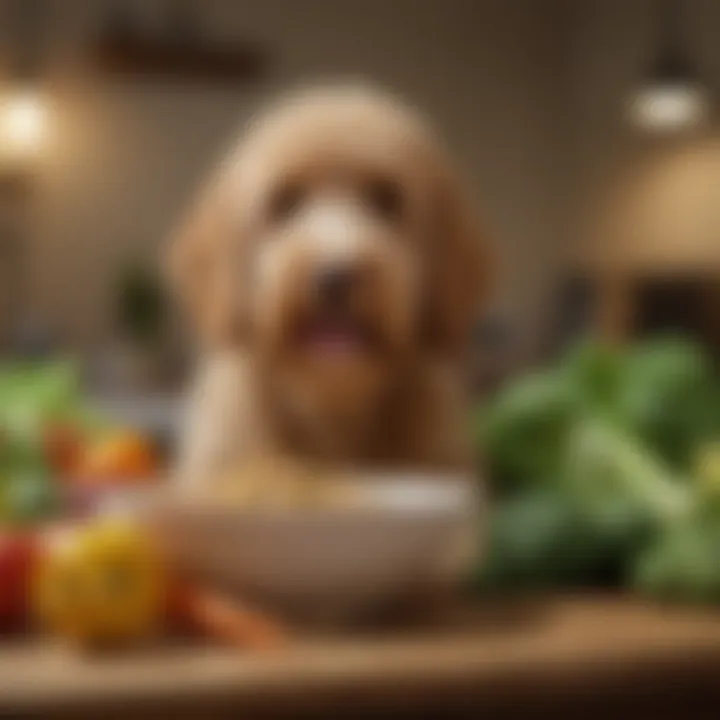 A vibrant bowl filled with a balanced Goldendoodle meal, showcasing fresh vegetables and protein.