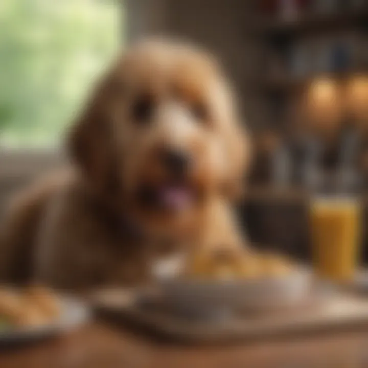 A cheerful Goldendoodle enjoying a nutritious homemade meal.