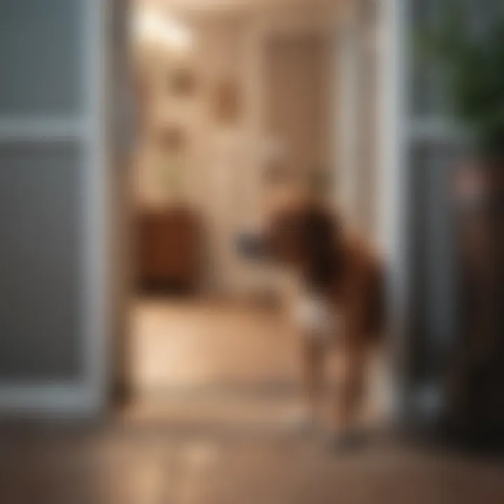 A curious dog approaching an automatic dog door.