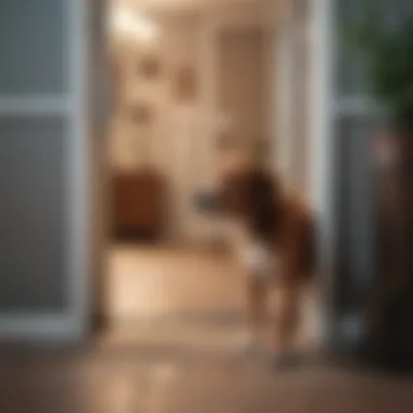 Curious Dog and Automatic Door Interaction A curious dog approaching an automatic dog door.