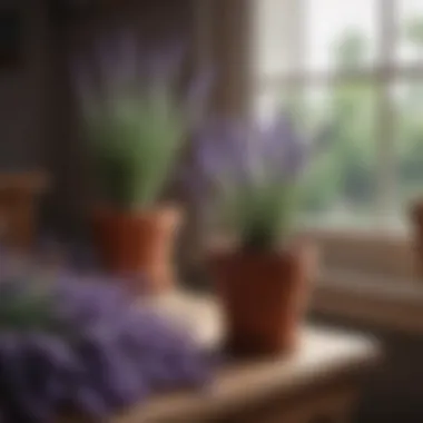 A guidebook on lavender care beside a healthy potted lavender plant