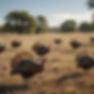 A group of wild turkeys roaming in a Texas field.