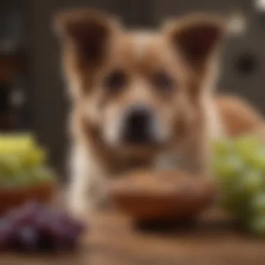 A bowl of grapes next to a concerned dog