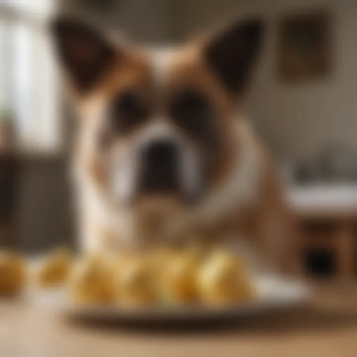 A dog with a distressed expression near a plate of onions